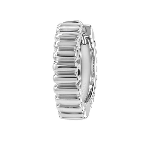 A men's hoop earring with a ribbed texture in sterling silver, with a row of tiny American diamonds on the inner edge.