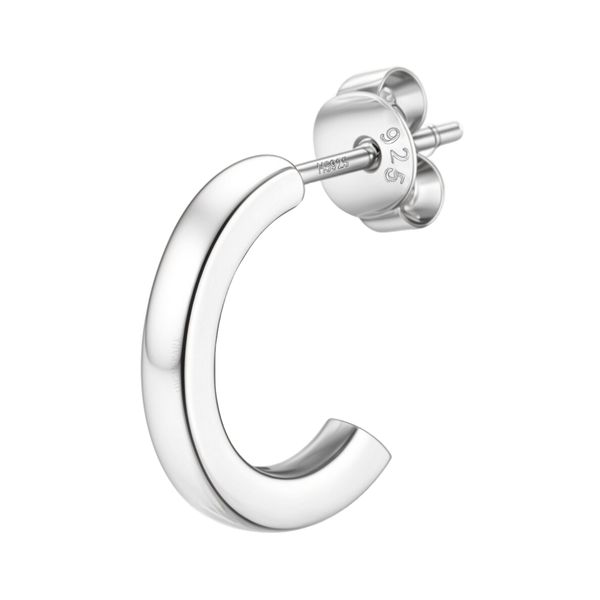 A single half-hoop stud ear ring for men, crafted in polished 925 sterling silver with a butterfly back, shown on a white background.