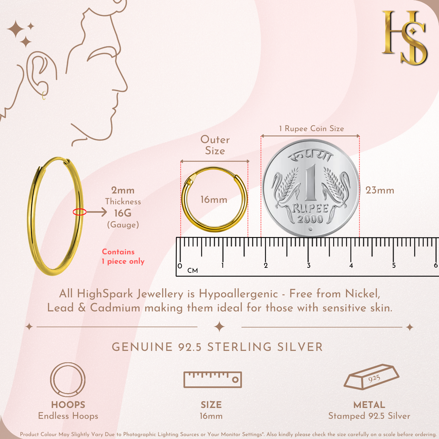 Mens Gold Thick Hoop Earrings in 92.5 Sterling Silver - Round Classic Hoop - Sizes 10mm to 20mm on 18K Gold Finish HighSpark