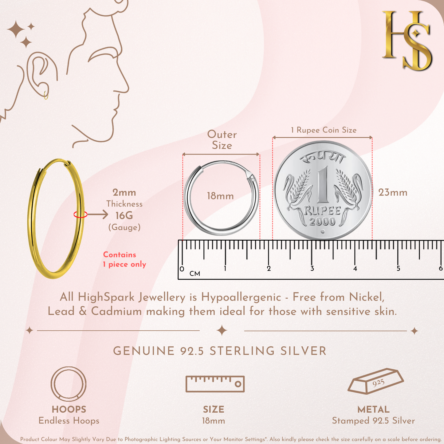 Mens Gold Thick Hoop Earrings in 92.5 Sterling Silver - Round Classic Hoop - Sizes 10mm to 20mm on 18K Gold Finish HighSpark