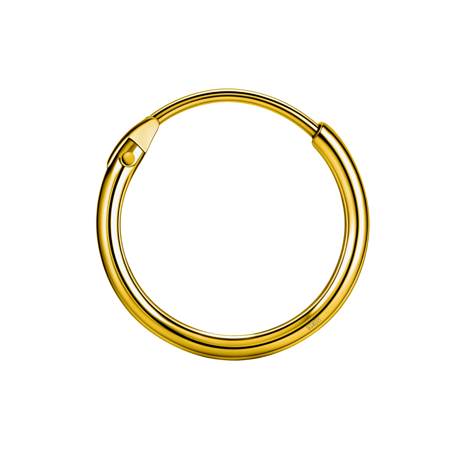 A single, thick, round hoop earring with a hinged clasp, made from gold-plated sterling silver and shown on a white background.