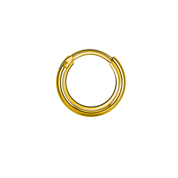 A single, classic round gold hoop earring for men with a hinged clasp, crafted from sterling silver with a polished gold-plated finish.