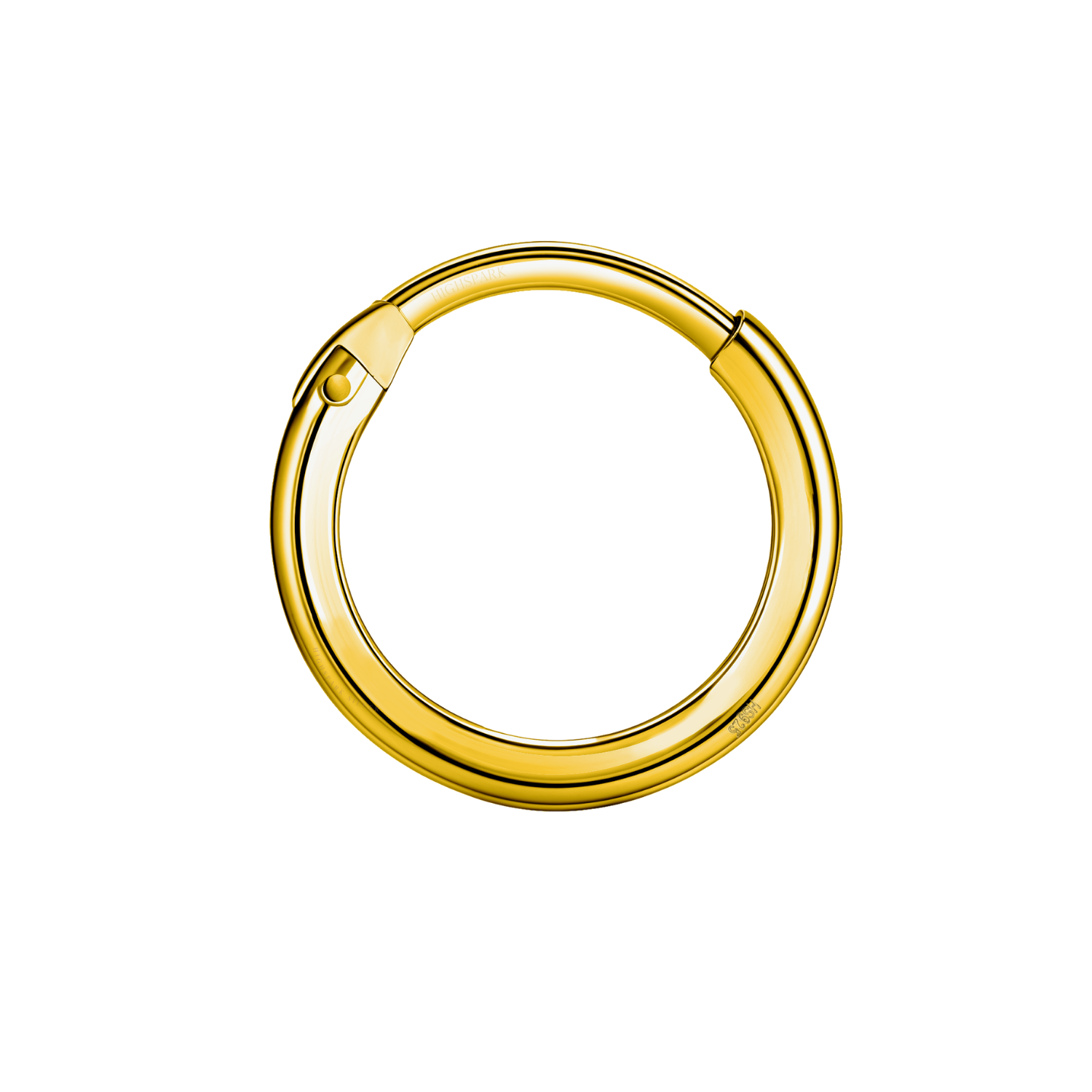 A single, thick, round hoop earring with a hinged clasp, made from gold-plated sterling silver and shown on a white background.