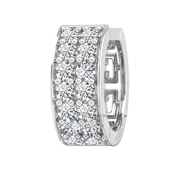 A sterling silver hoop earring for men with two rows of round American diamonds in a prong setting, shown on a white background.