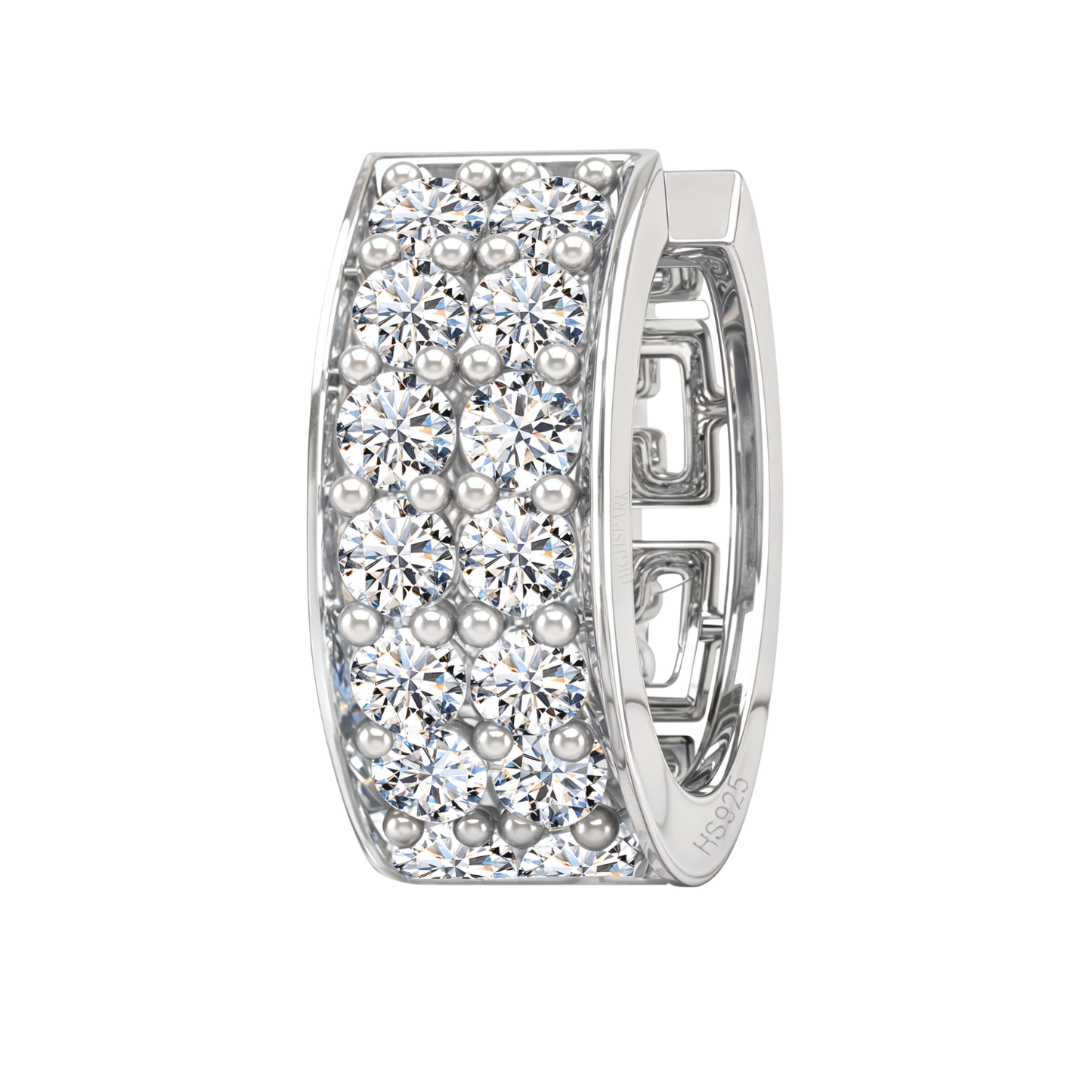 A sterling silver hoop earring for men with two rows of round American diamonds in a prong setting, shown on a white background.