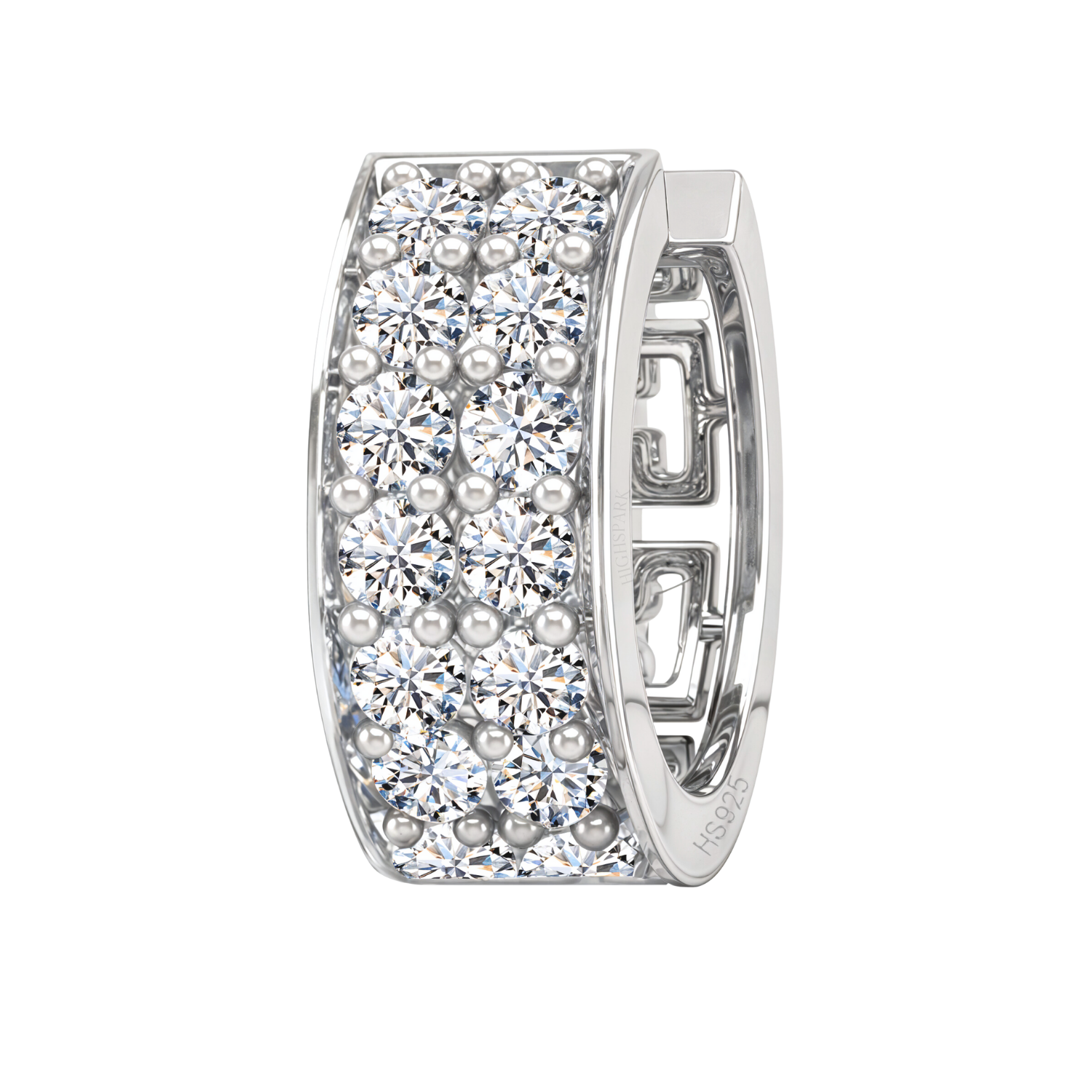 A sterling silver hoop earring for men with two rows of round American diamonds in a prong setting, shown on a white background.