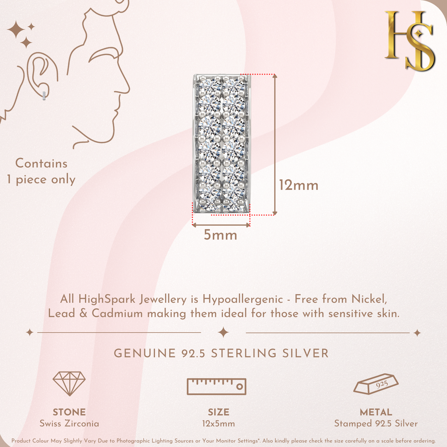 Infographic for a single men's hoop earring showing its 12x5mm dimensions and two rows of pavé-set American diamonds.