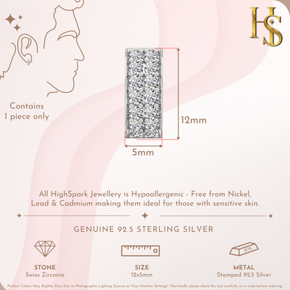 Infographic for a single men's hoop earring showing its 12x5mm dimensions and two rows of pavé-set American diamonds.