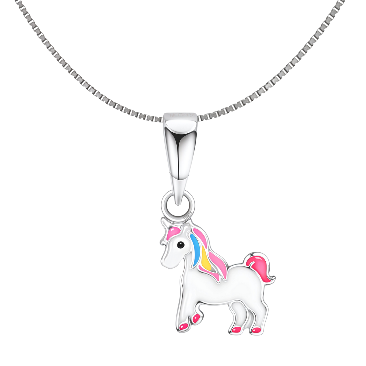 A sterling silver pendant necklace with a white unicorn charm featuring a pink, blue, and yellow enamel mane on a white background.