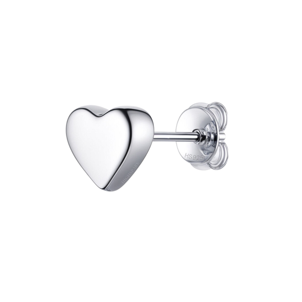 A single heart-shaped stud earring in polished sterling silver with a push-back closure, shown on a white background.