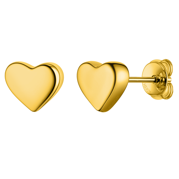A pair of heart-shaped stud earrings in a polished gold-plated finish, shown on a plain white background.