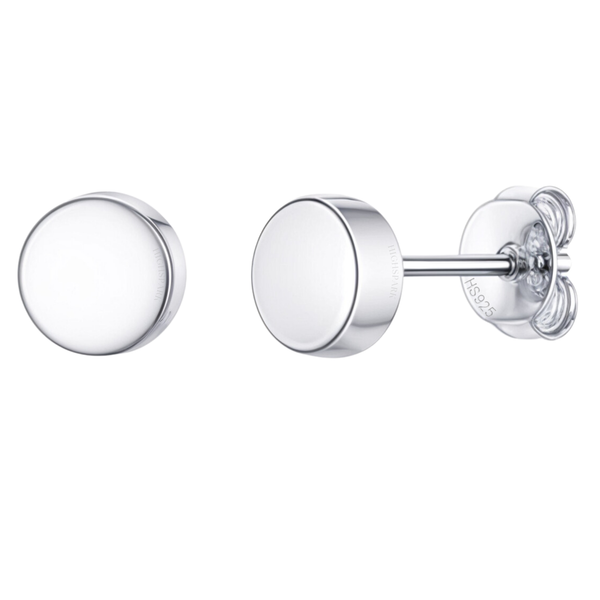 A pair of minimalist round stud earrings with a flat, polished surface.