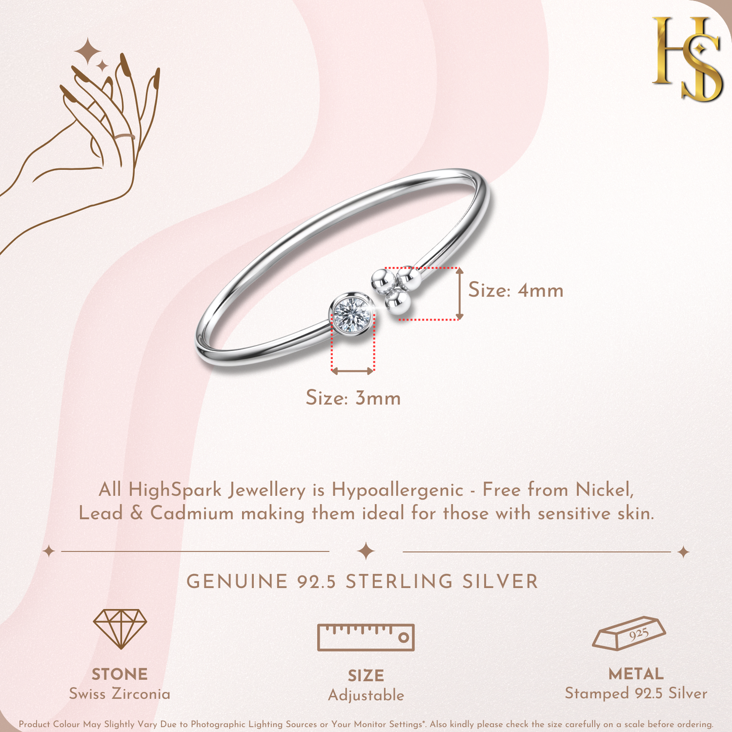 An infographic showing the dimensions of an adjustable sterling silver ring with a bezel-set American diamond and a three-bead cluster.