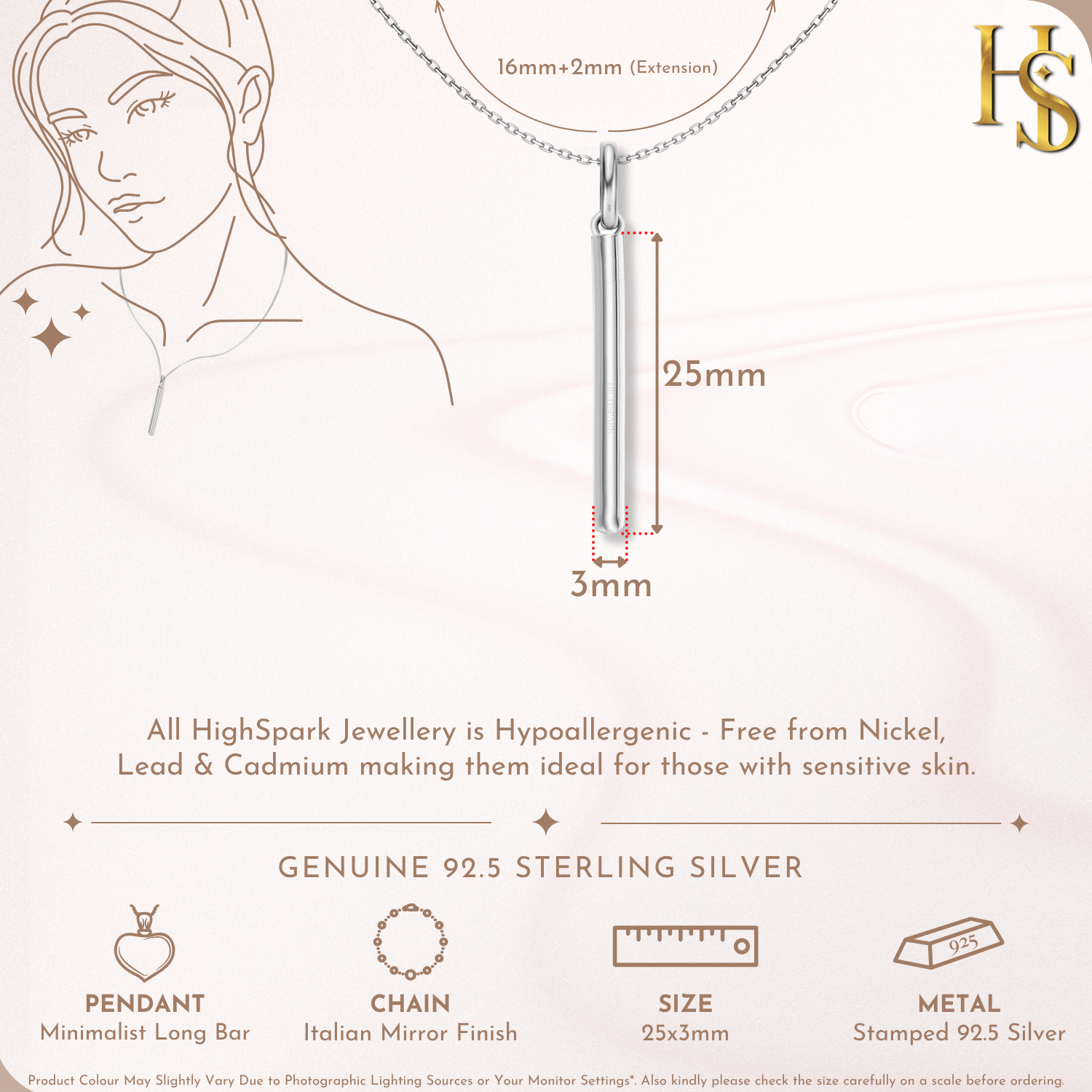 Minimalist Long Bar Pendant in 92.5 Sterling Silver For Women HighSpark