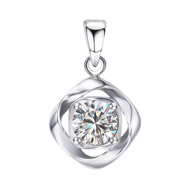 A solitaire pendant with a round American diamond in a four-prong setting, framed by a twisted mobius design in sterling silver.