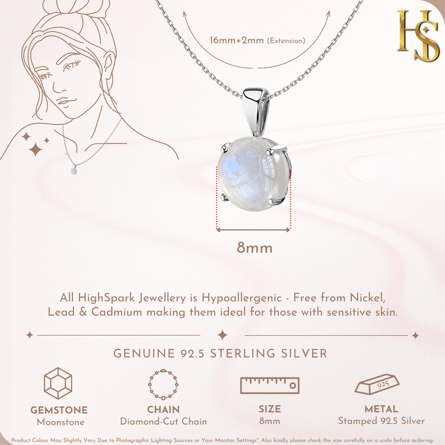 Infographic showing a sterling silver pendant necklace with a round 8mm moonstone in a four-prong setting and a 16mm chain.