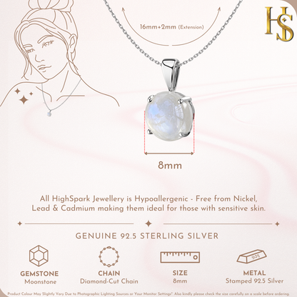 Infographic showing a sterling silver pendant necklace with a round 8mm moonstone in a four-prong setting and a 16mm chain.