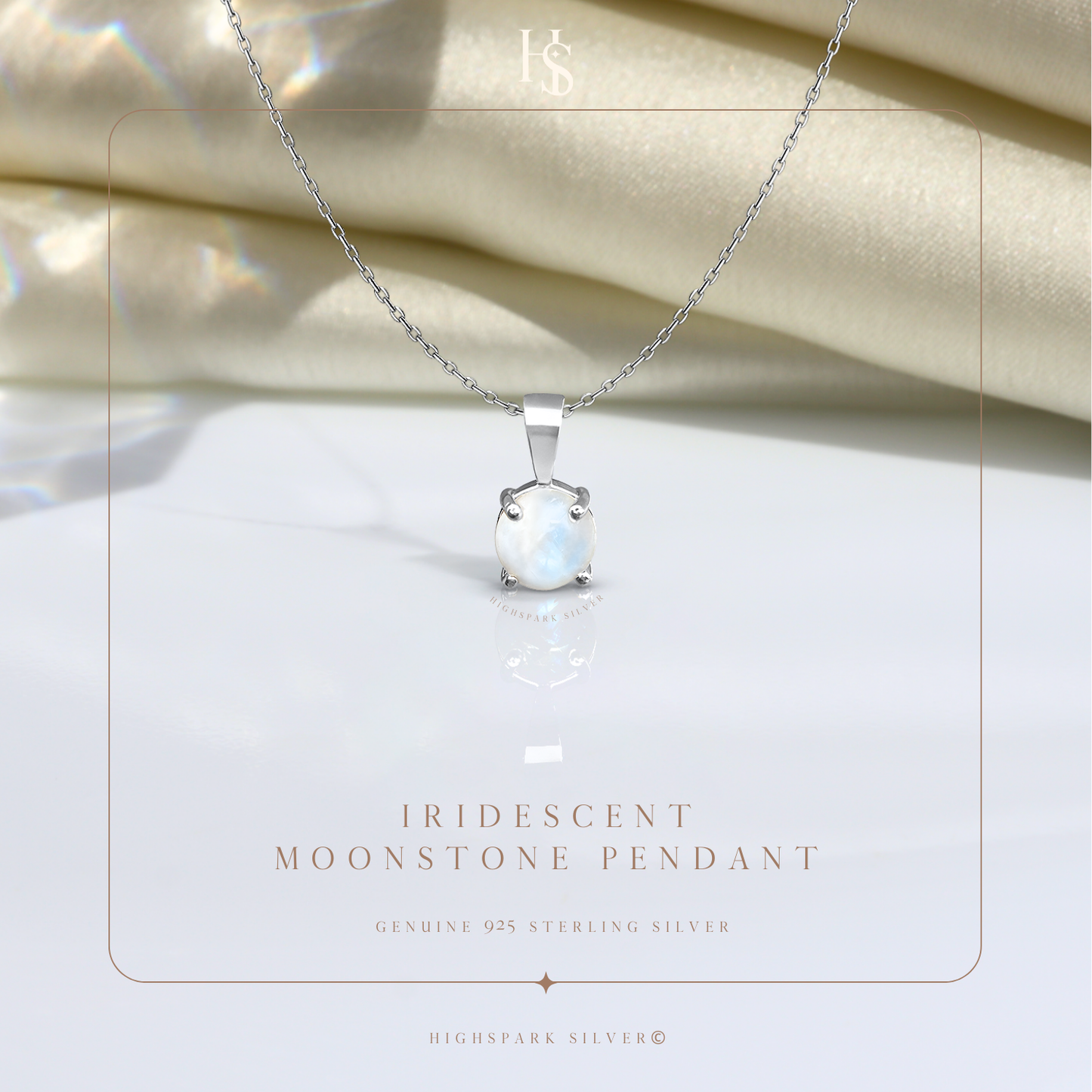 A sterling silver pendant necklace with a round iridescent moonstone in a four-prong setting.