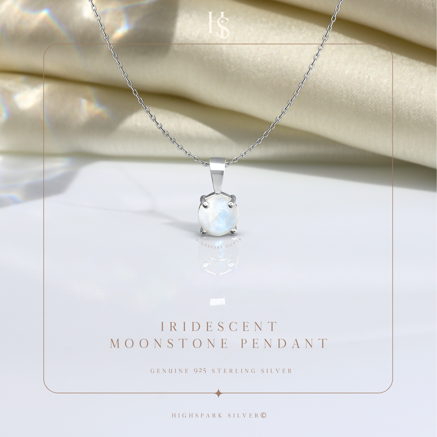 A sterling silver pendant necklace with a round iridescent moonstone in a four-prong setting.