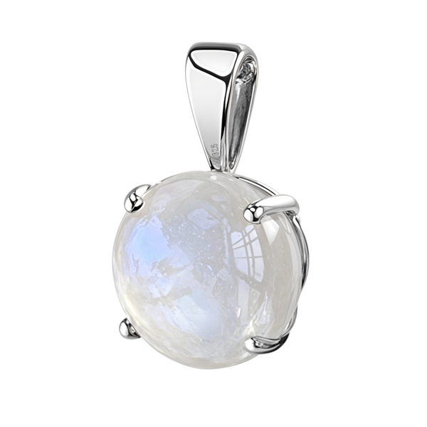 A sterling silver pendant featuring a round moonstone cabochon held in a four-prong setting on a plain white background.