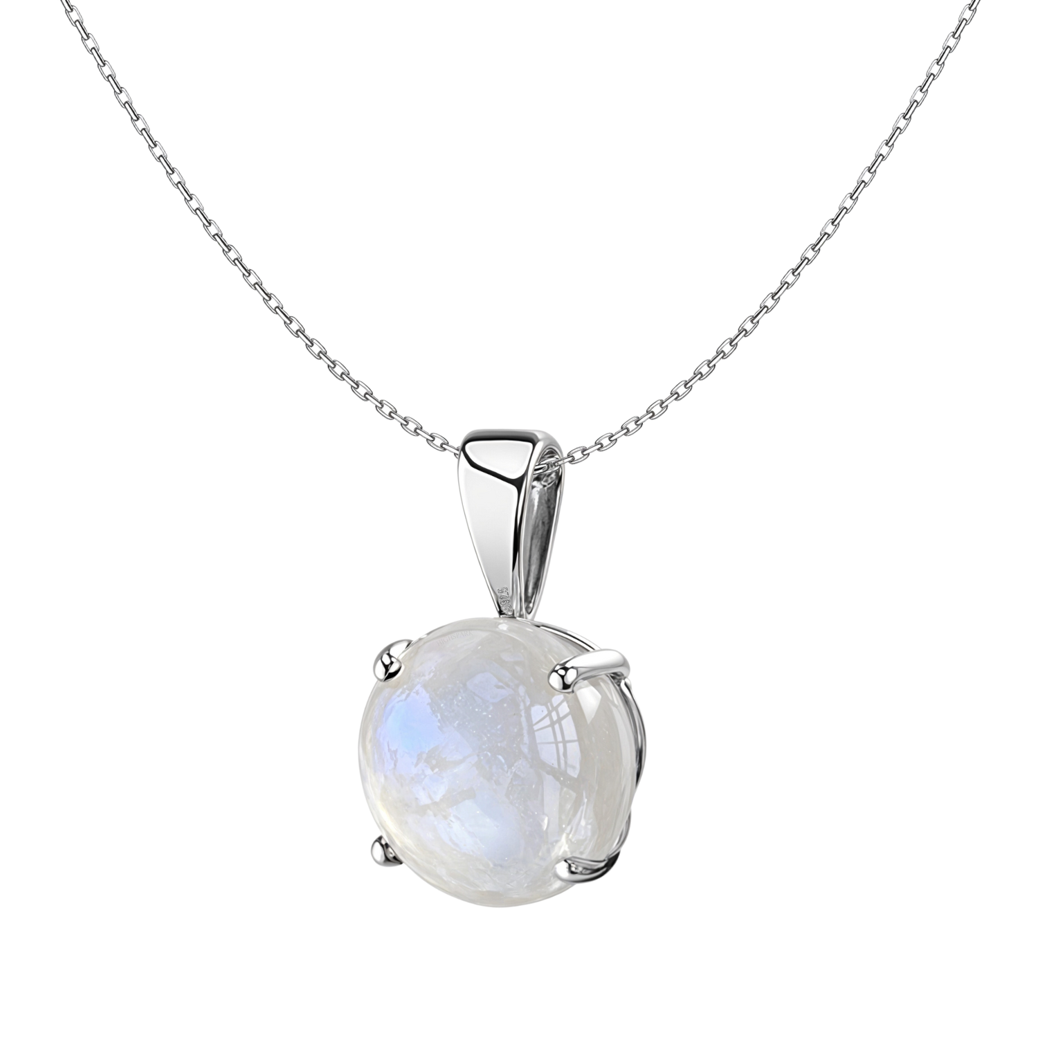 A sterling silver pendant necklace featuring a round moonstone cabochon held in a four-prong setting on a plain white background.
