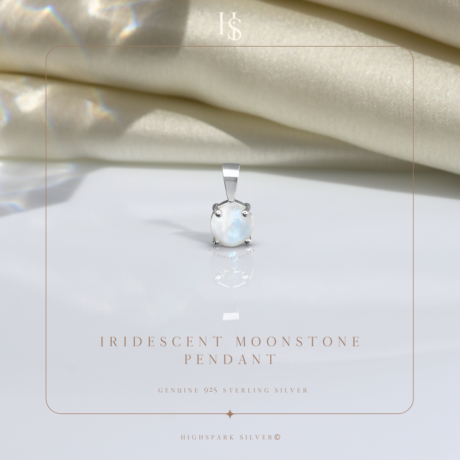 A sterling silver pendant with a round, iridescent moonstone in a four-prong setting.