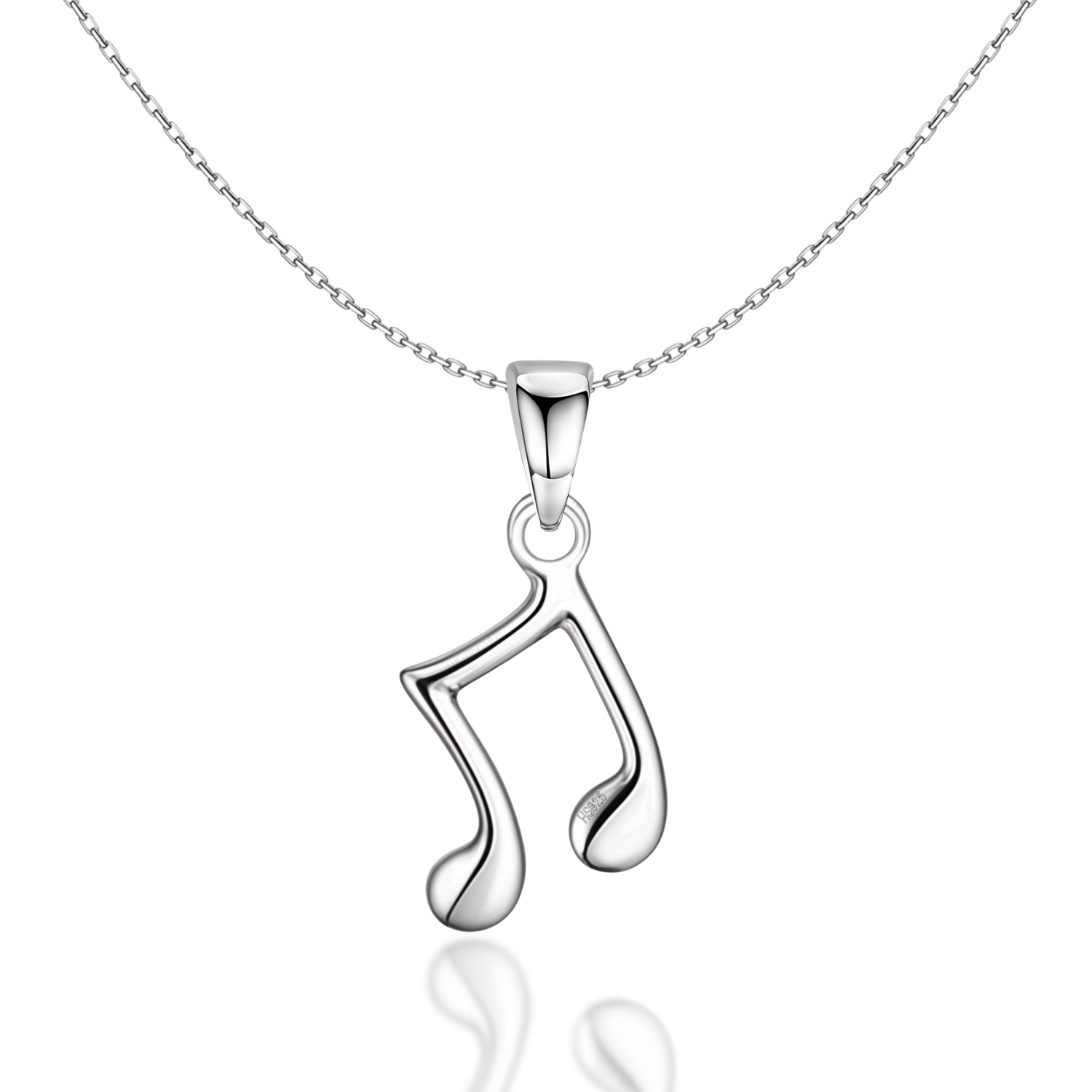 A sterling silver pendant necklace with a polished music note charm on a fine link chain, shown on a plain white background.