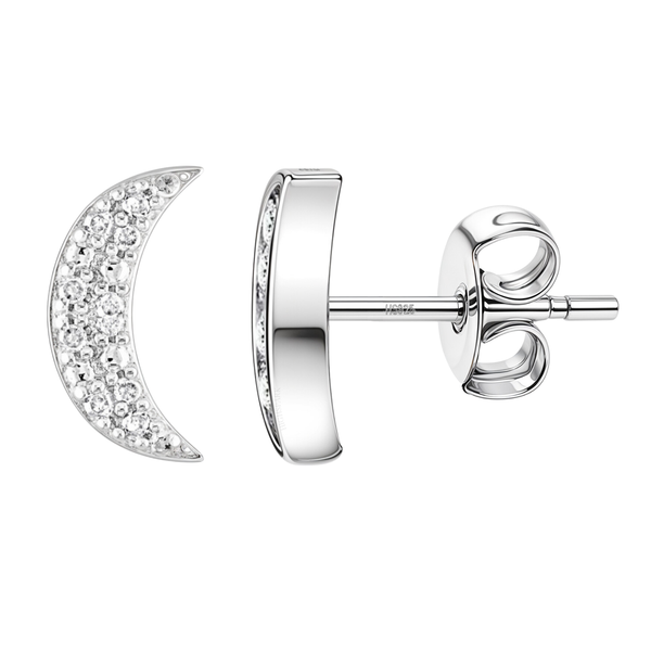 A pair of crescent moon stud earrings with pavé-set American diamonds in sterling silver, shown on a white background.