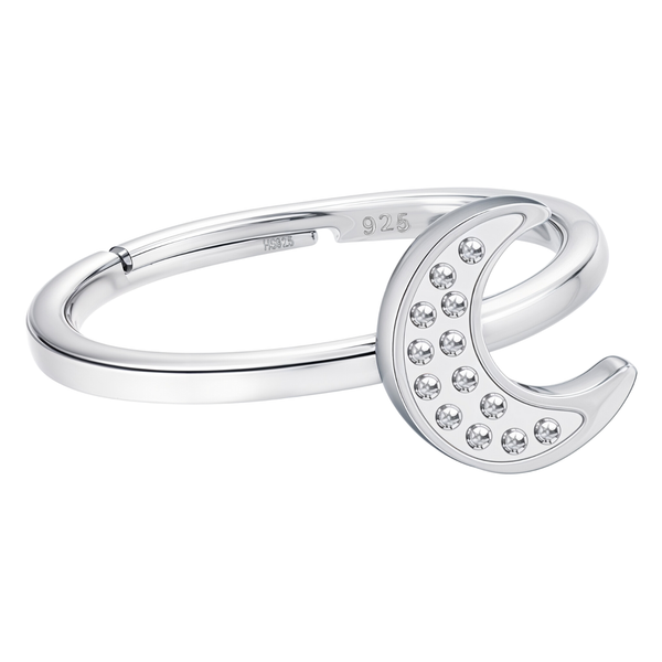 An adjustable sterling silver ring with a crescent moon motif paved with tiny American diamonds, shown on a white background.
