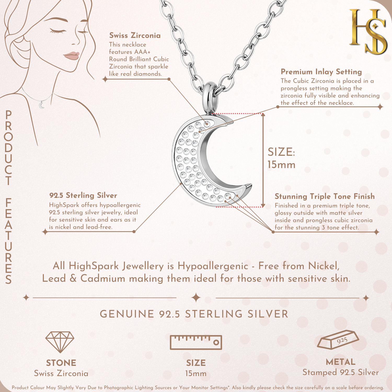 Mystique Moon Pendant & Chain in 925 Sterling Silver for Women With Diamond like Brilliance Zirconia HighSpark
