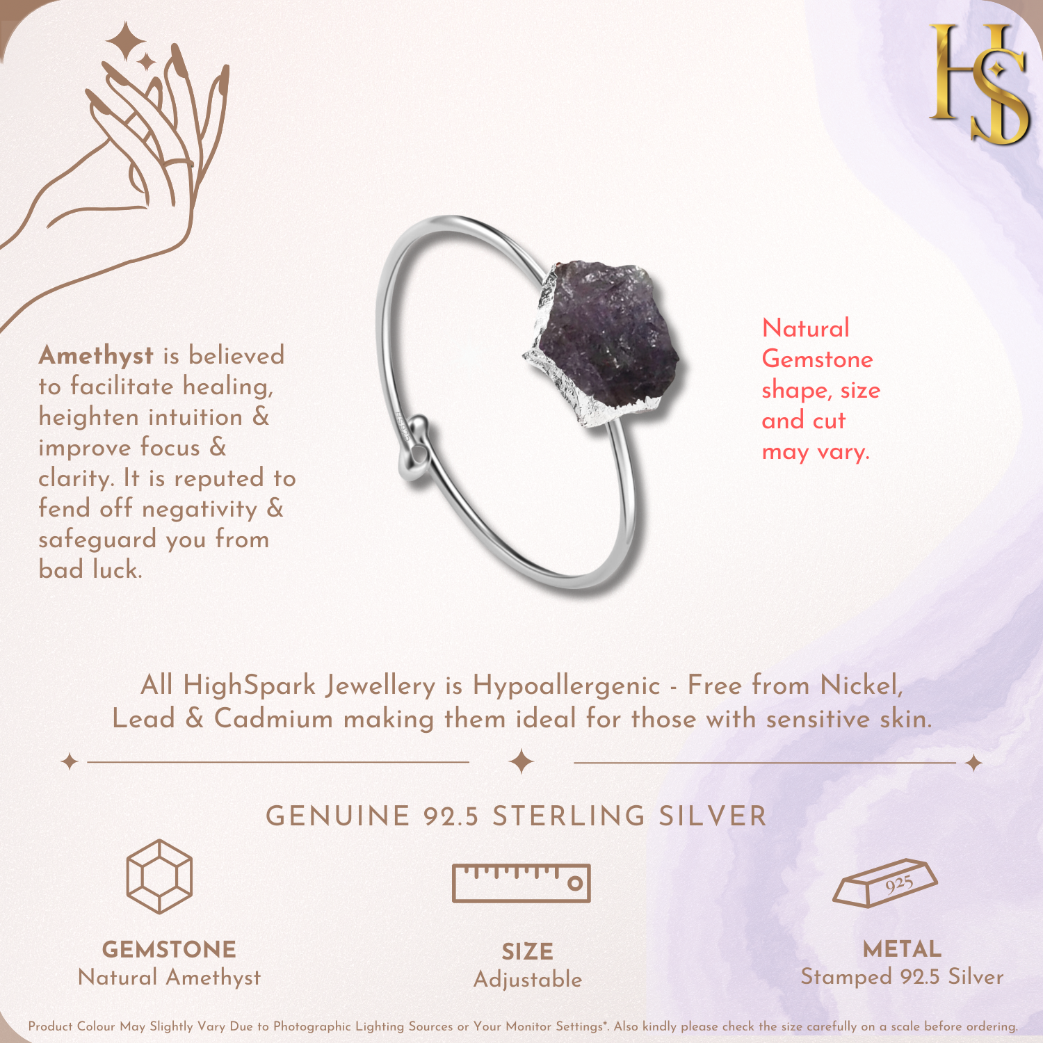 Natural Raw Gemstone Amethyst Rough Cut Adjustable Ring in 92.5 Sterling Silver HighSpark