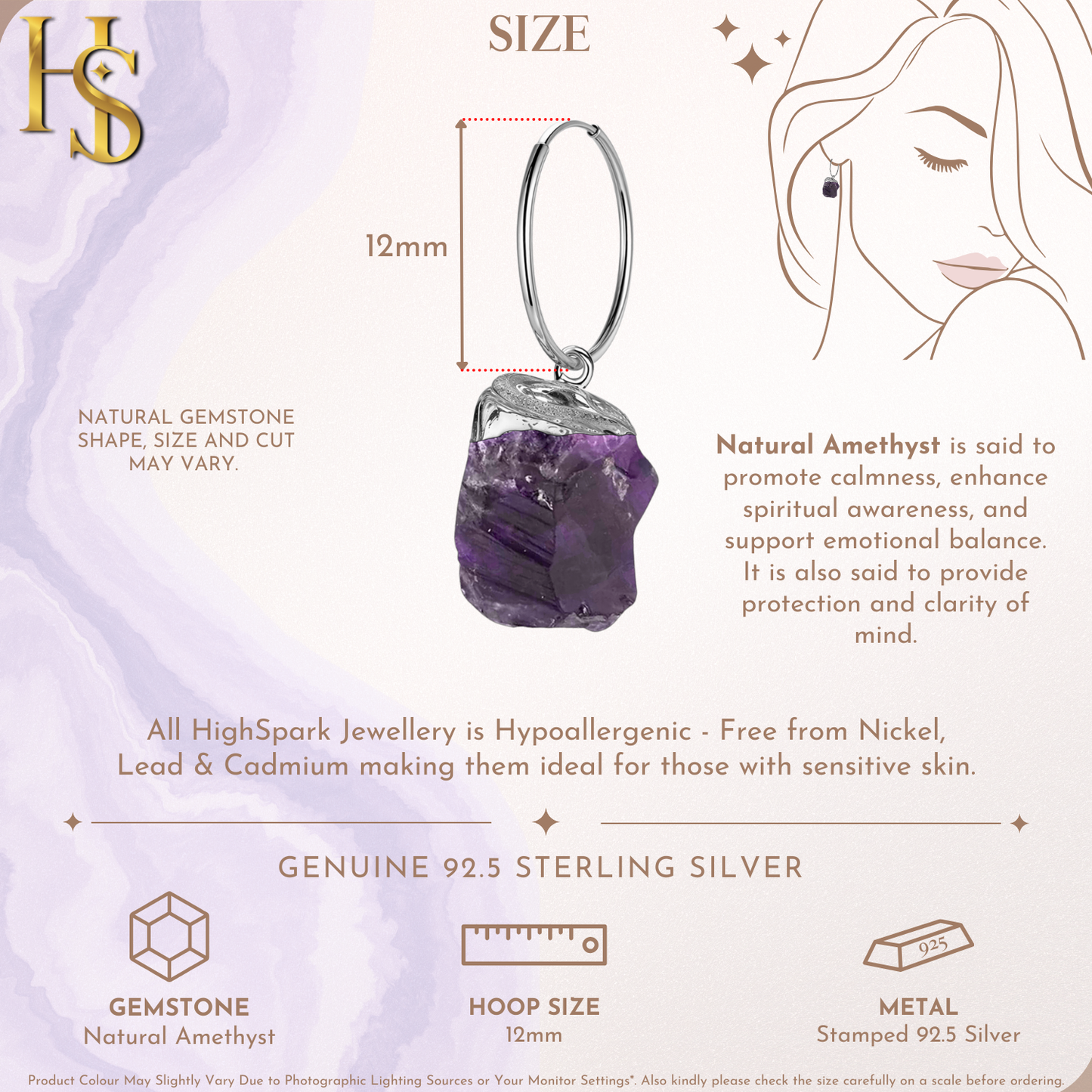 Natural Raw Gemstone Amethyst Rough Cut Hoop Earrings in 92.5 Sterling Silver HighSpark