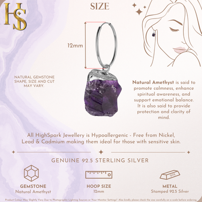Natural Raw Gemstone Amethyst Rough Cut Hoop Earrings in 92.5 Sterling Silver HighSpark