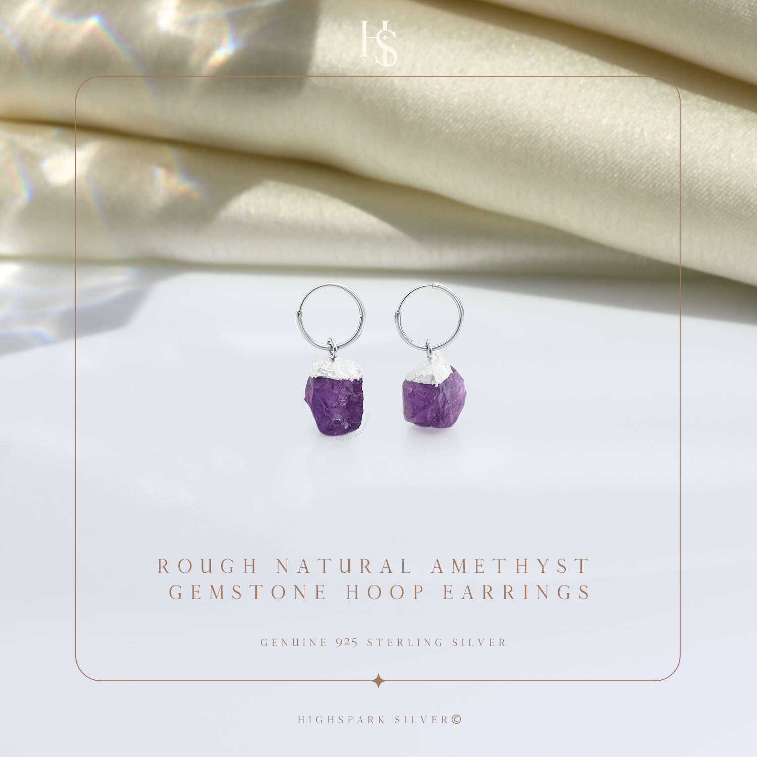 Natural Raw Gemstone Amethyst Rough Cut Hoop Earrings in 92.5 Sterling Silver HighSpark