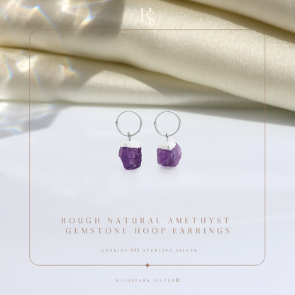 Natural Raw Gemstone Amethyst Rough Cut Hoop Earrings in 92.5 Sterling Silver HighSpark