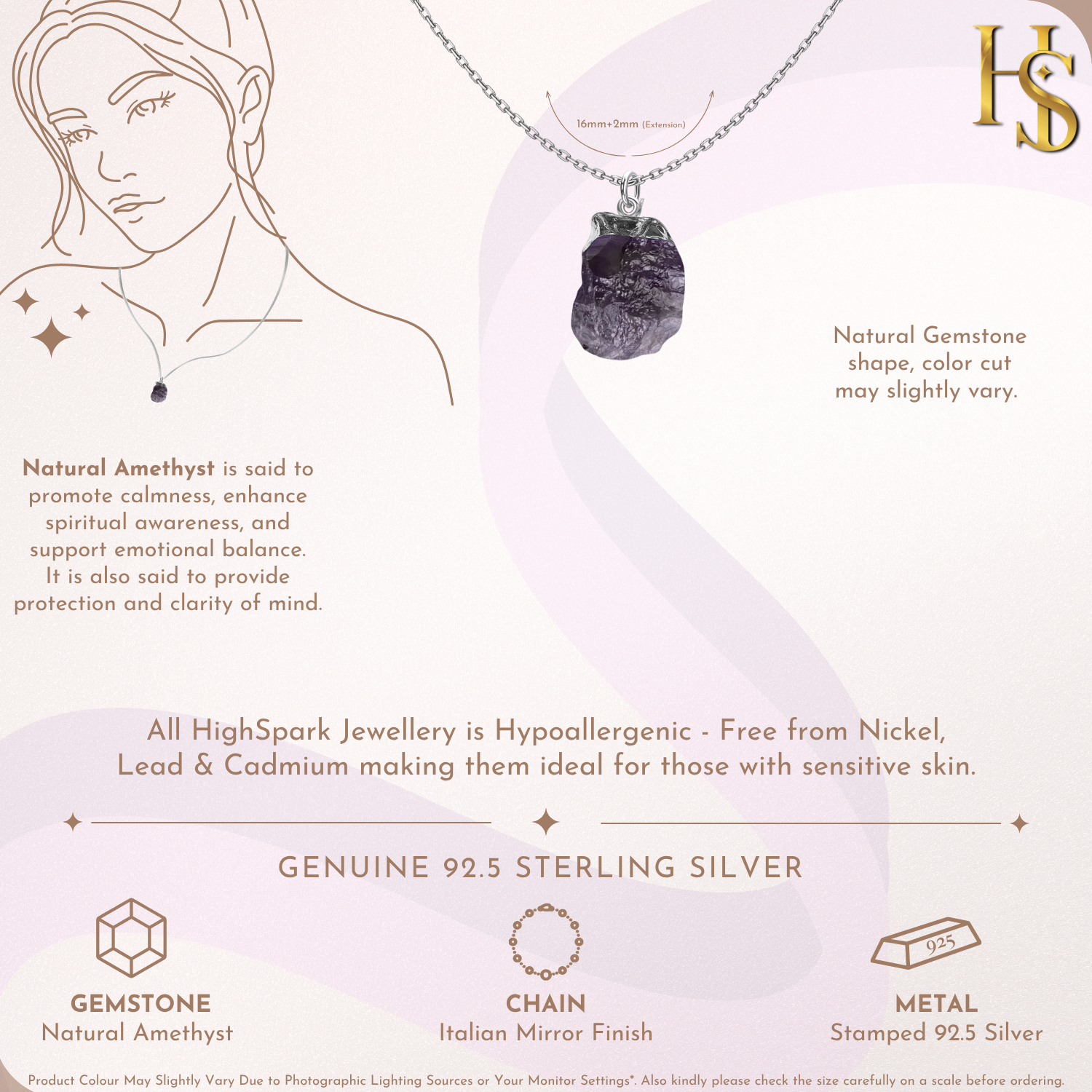 Natural Raw Gemstone Amethyst Rough Cut Pendant in 92.5 Sterling Silver HighSpark