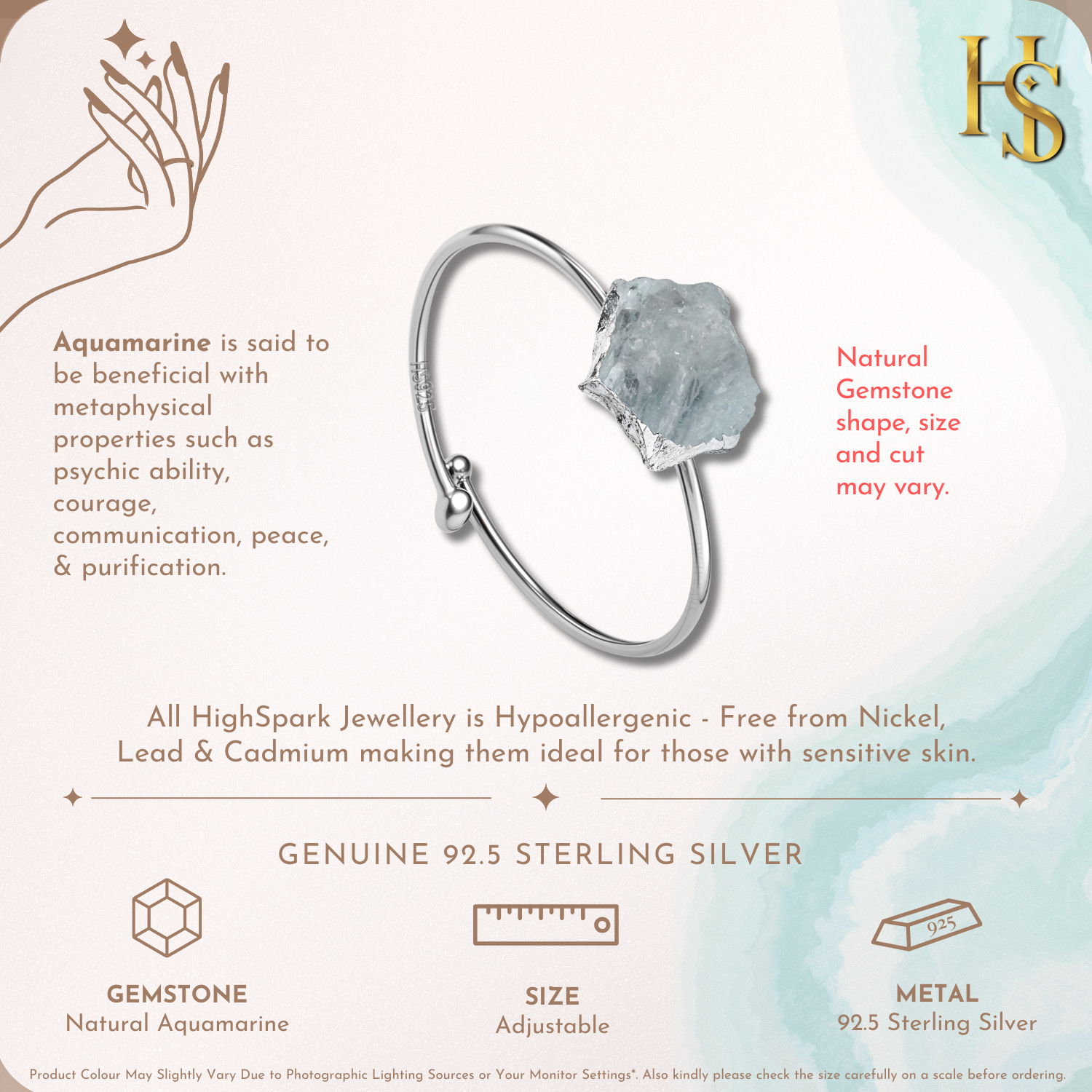 Natural Raw Gemstone Aquamarine Rough Cut Adjustable Ring in 92.5 Sterling Silver HighSpark