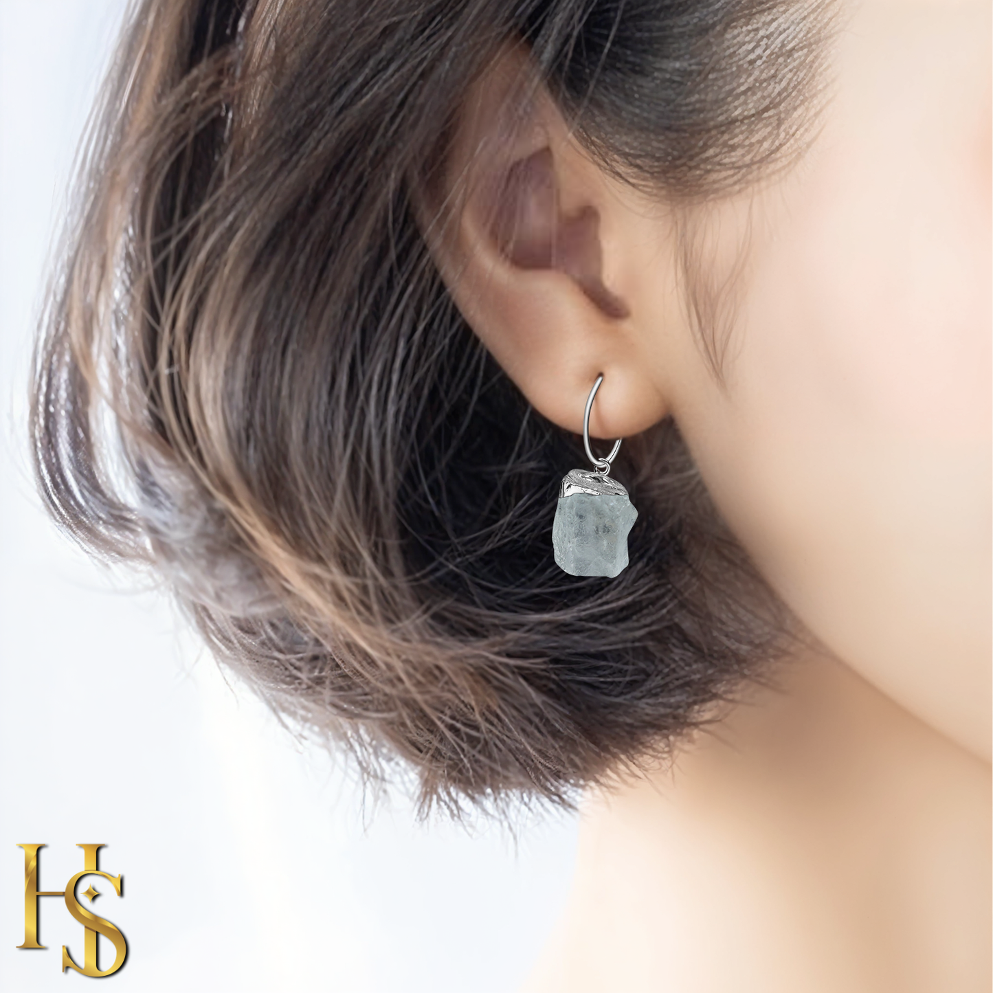 Natural Raw Gemstone Aquamarine Rough Cut Hoop Earrings in 92.5 Sterling Silver HighSpark