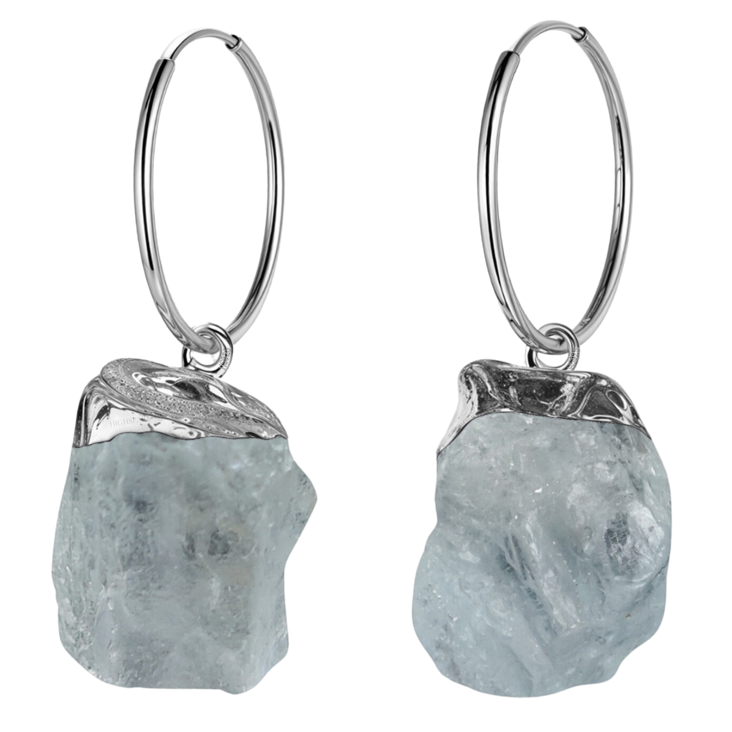 Natural Raw Gemstone Aquamarine Rough Cut Hoop Earrings in 92.5 Sterling Silver HighSpark