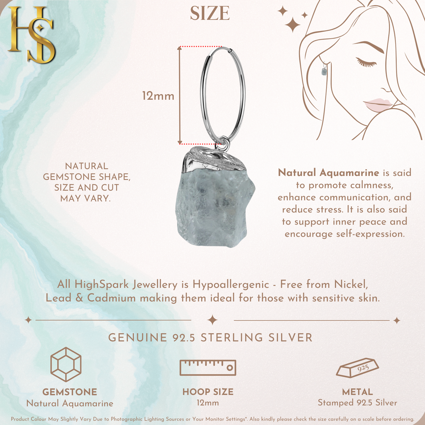 Natural Raw Gemstone Aquamarine Rough Cut Hoop Earrings in 92.5 Sterling Silver HighSpark