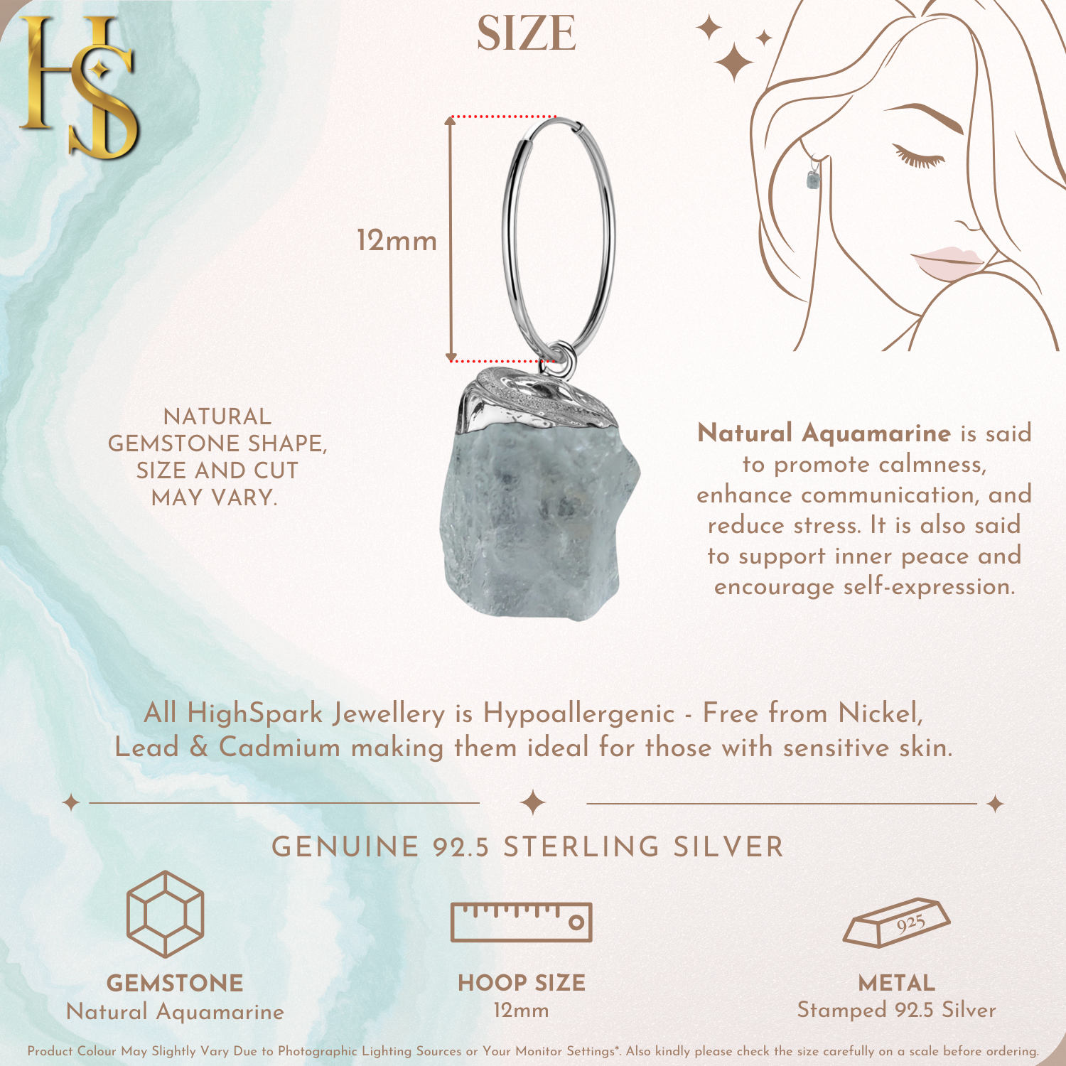 Natural Raw Gemstone Aquamarine Rough Cut Hoop Earrings in 92.5 Sterling Silver HighSpark