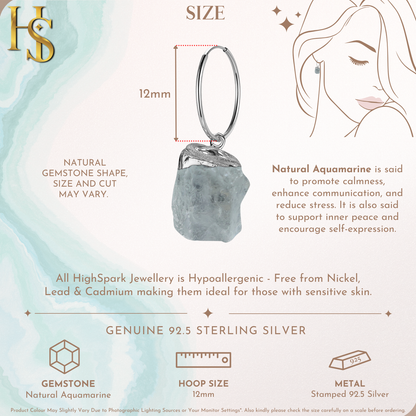 Natural Raw Gemstone Aquamarine Rough Cut Hoop Earrings in 92.5 Sterling Silver HighSpark