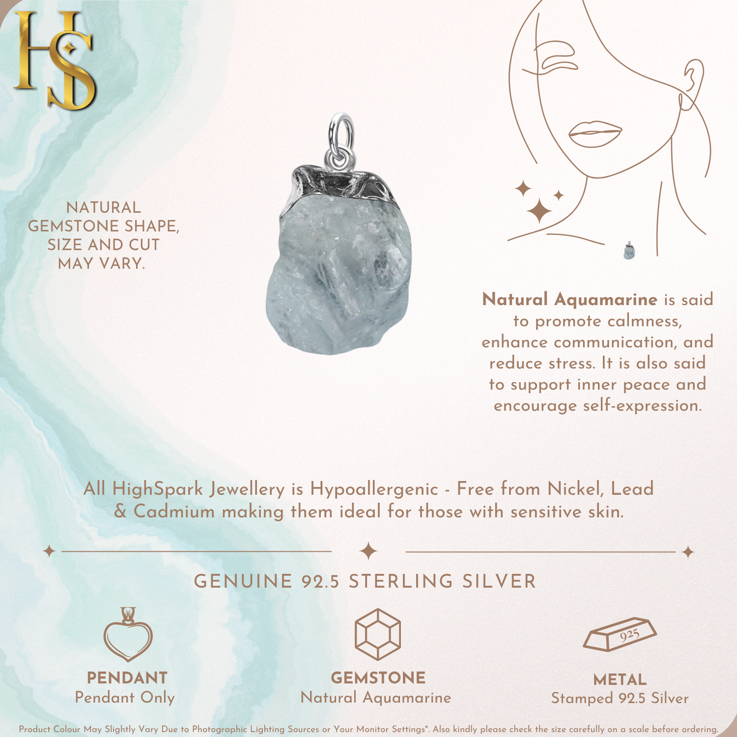 Natural Raw Gemstone Aquamarine Rough Cut Pendant in 92.5 Sterling Silver HighSpark