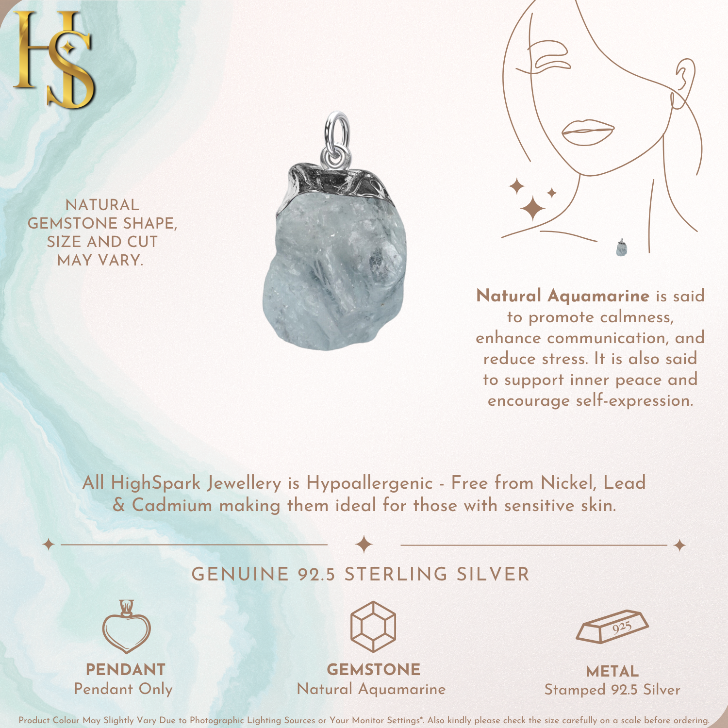 Natural Raw Gemstone Aquamarine Rough Cut Pendant in 92.5 Sterling Silver HighSpark