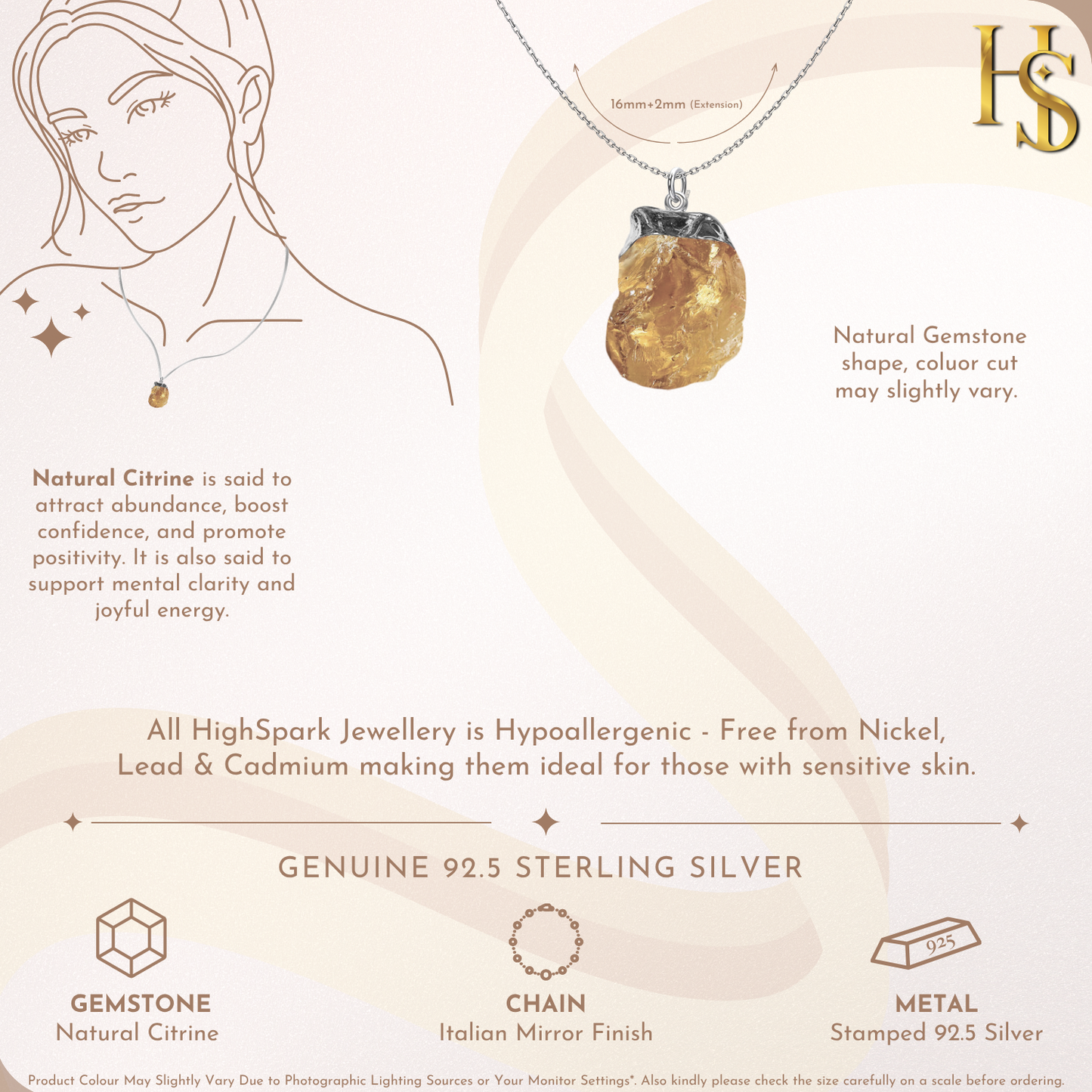 Natural Raw Gemstone Citrine Rough Cut Pendant in 92.5 Sterling Silver HighSpark