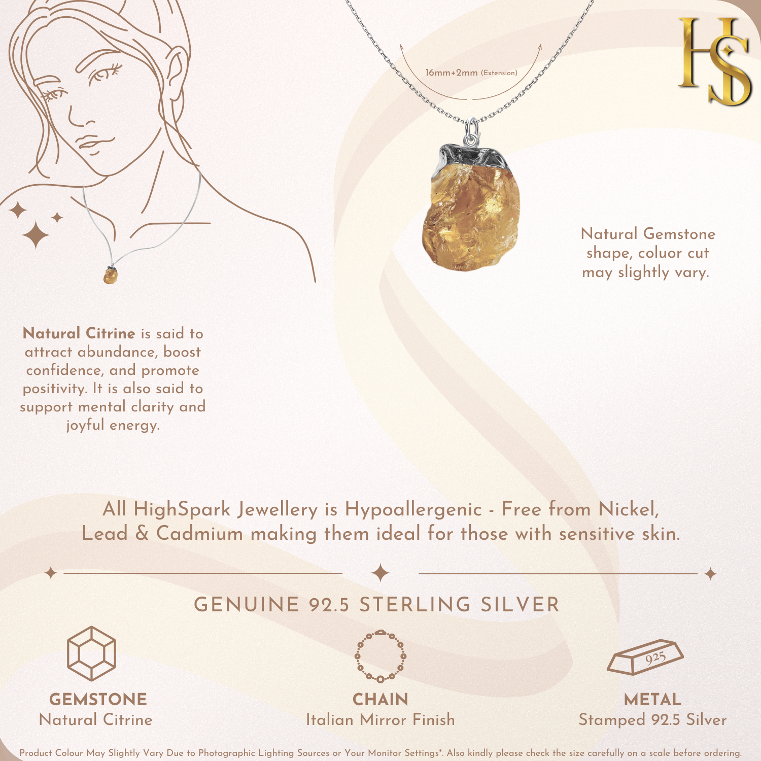 Natural Raw Gemstone Citrine Rough Cut Pendant in 92.5 Sterling Silver HighSpark