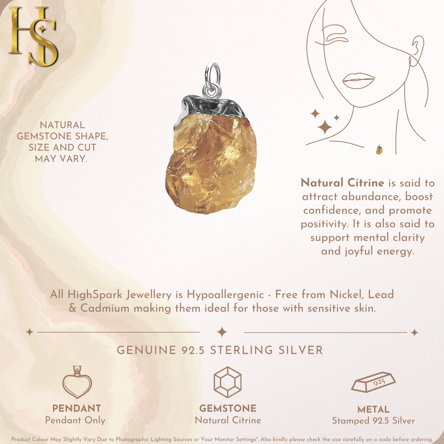 Natural Raw Gemstone Citrine Rough Cut Pendant in 92.5 Sterling Silver HighSpark