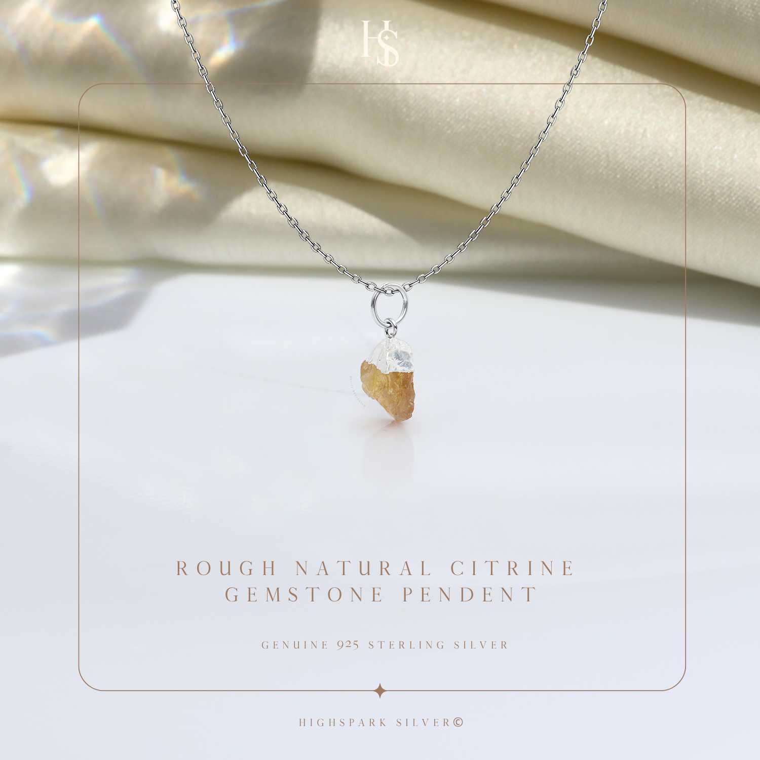 Natural Raw Gemstone Citrine Rough Cut Pendant in 92.5 Sterling Silver HighSpark