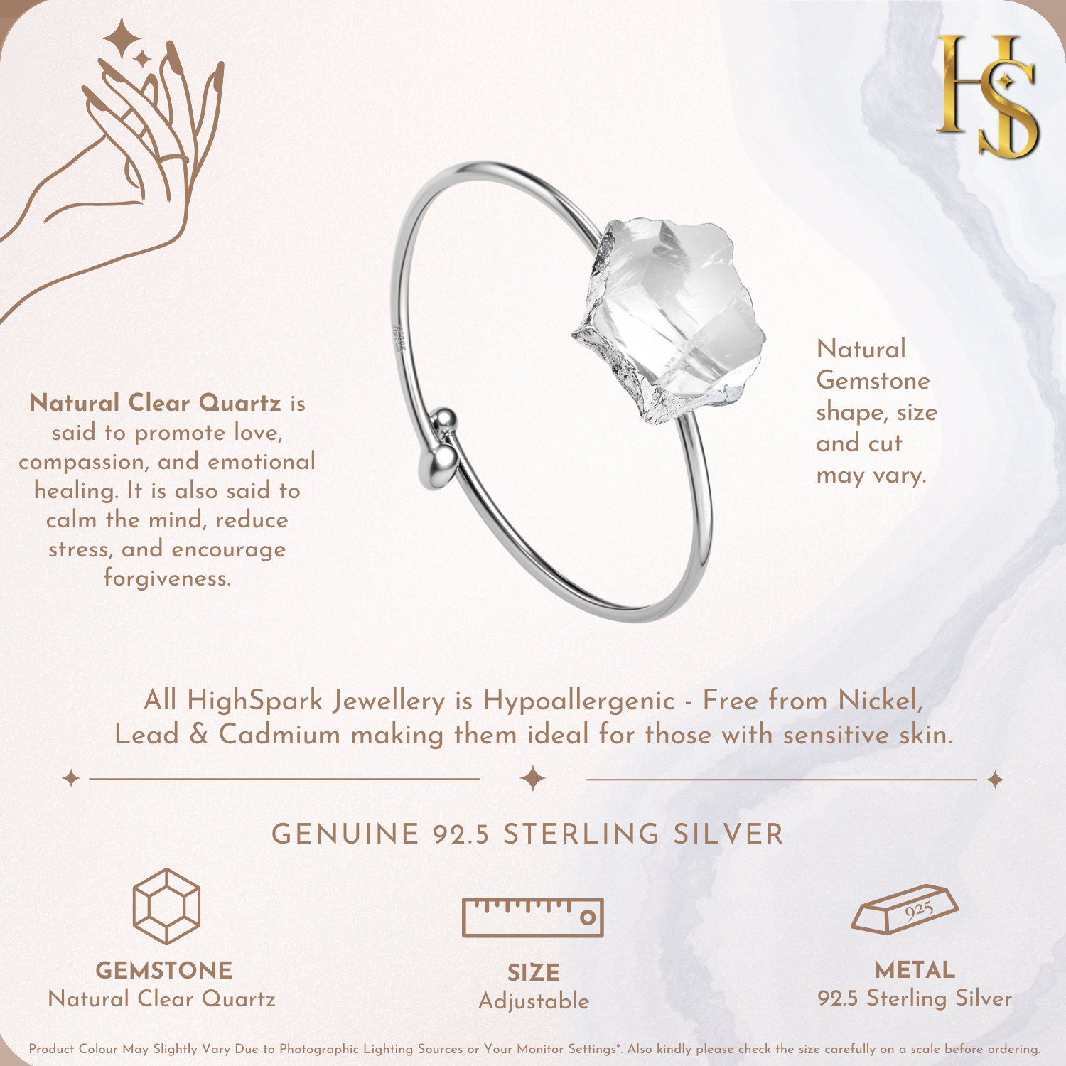 Natural Raw Gemstone Clear Quartz Rough Cut Adjustable Ring in 92.5 Sterling Silver HighSpark