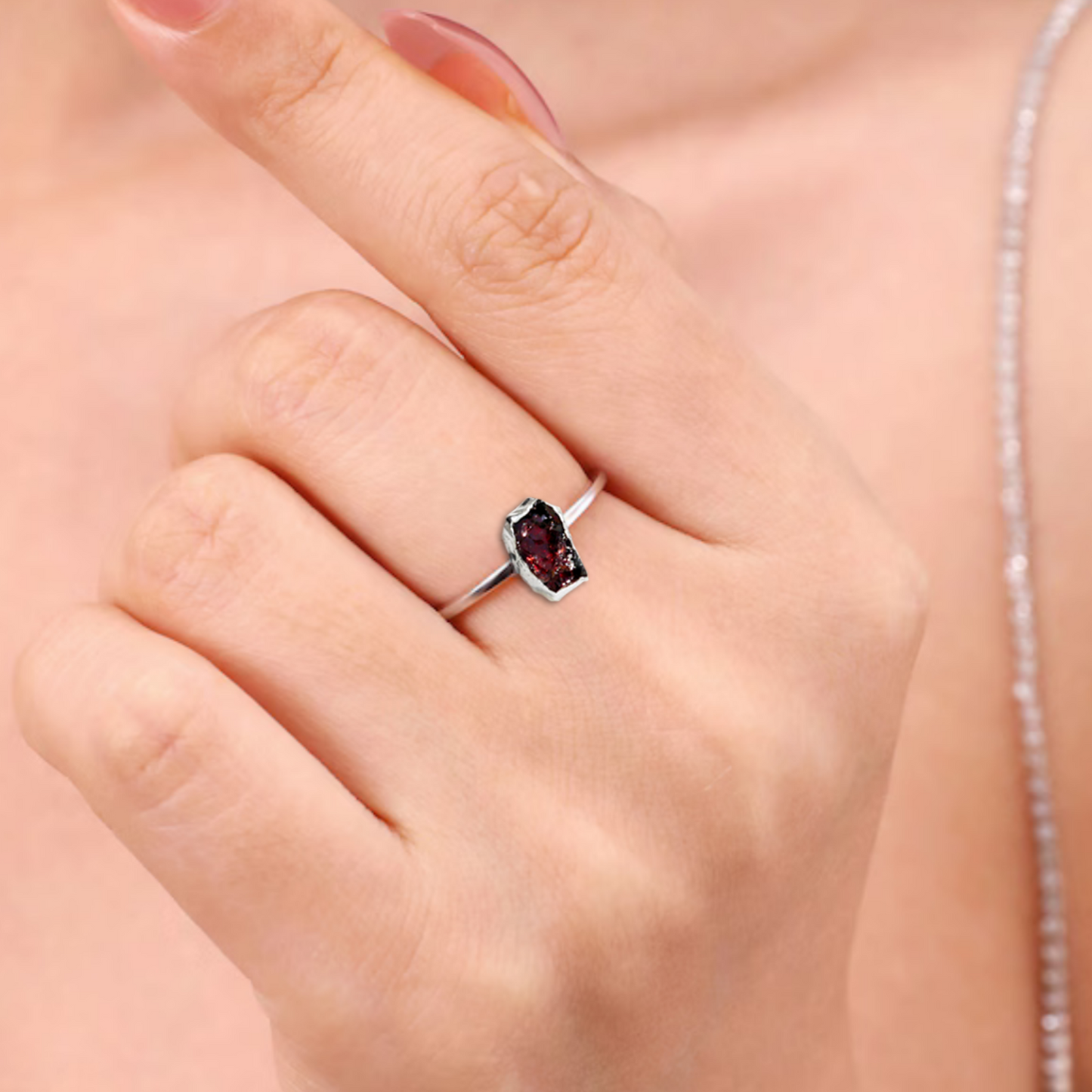 Natural Raw Gemstone Garnet Rough Cut Adjustable Ring in 92.5 Sterling Silver HighSpark